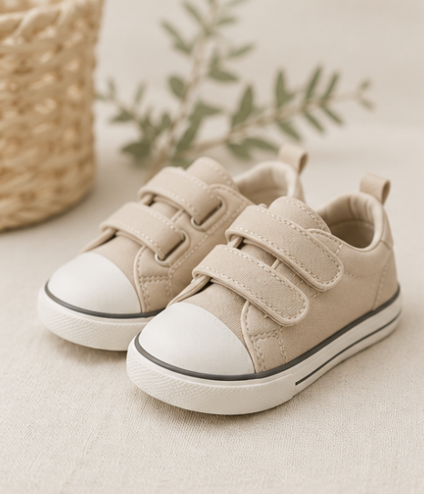 Beige toddler velcro sneakers on neutral background